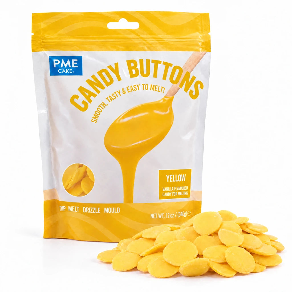 PME Candy Buttons Gul, 340g – pose med en haug smelteknapper foran