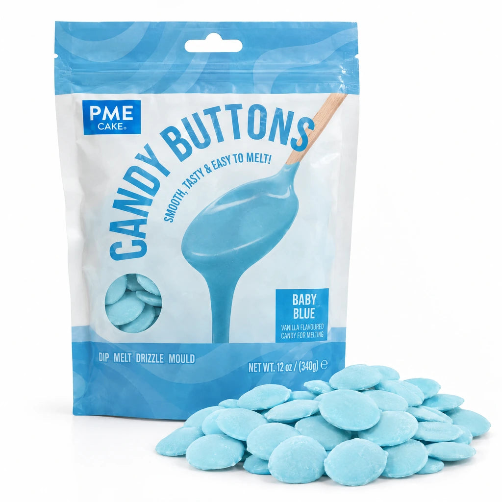 PME Candy Buttons Babyblå, 340g – pose med en haug smelteknapper foran