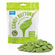 PME Candy Buttons Limegrønn, 340g – pose med en haug smelteknapper foran