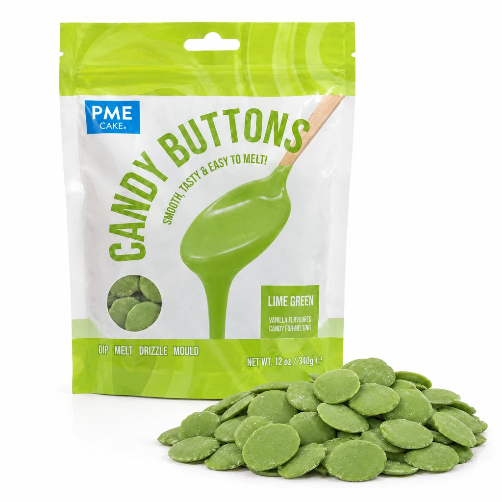 PME Candy Buttons Limegrønn, 340g – pose med en haug smelteknapper foran