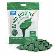 PME Candy Buttons Grønn, 340g – pose med en haug smelteknapper foran