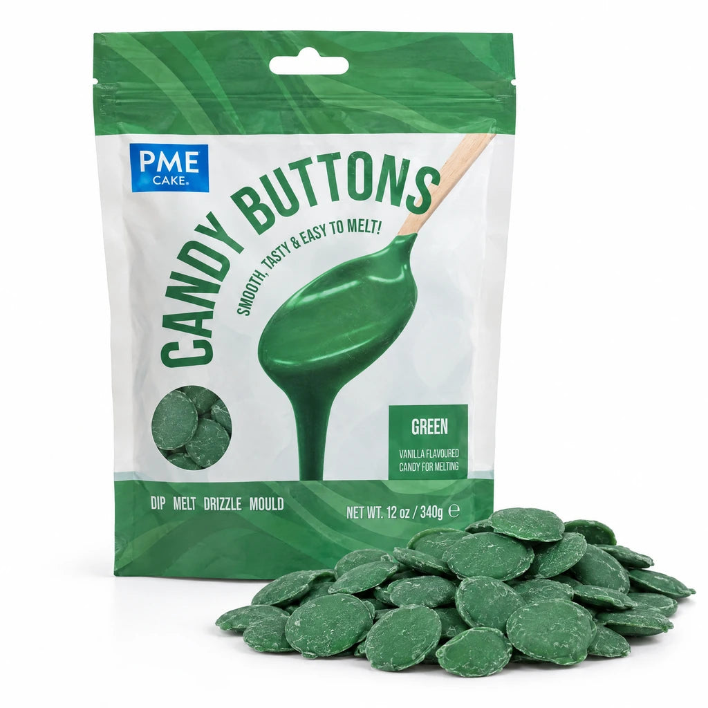 PME Candy Buttons Grønn, 340g – pose med en haug smelteknapper foran