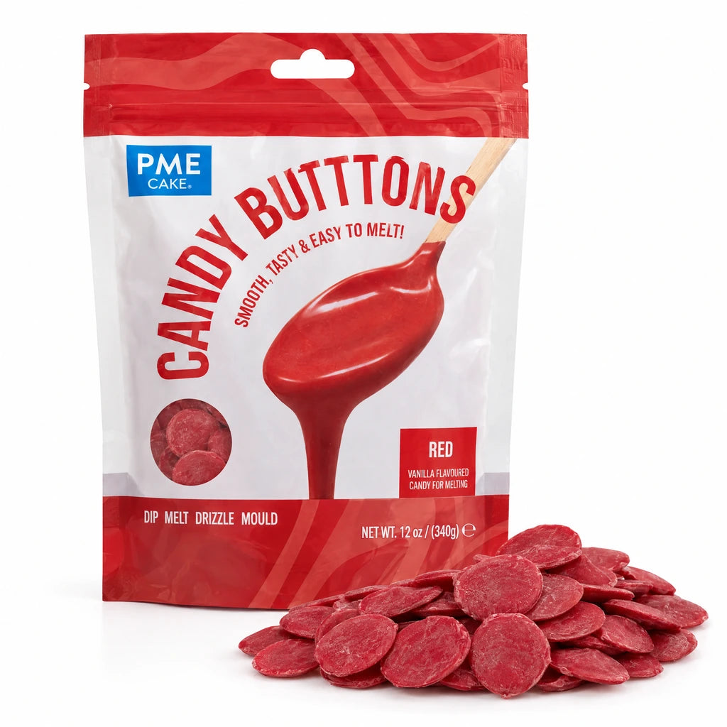 PME Candy Buttons Rød, 340g – pose med en haug smelteknapper foran