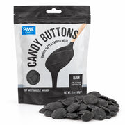 PME Candy Buttons Svart, 340g – pose med en haug smelteknapper foran