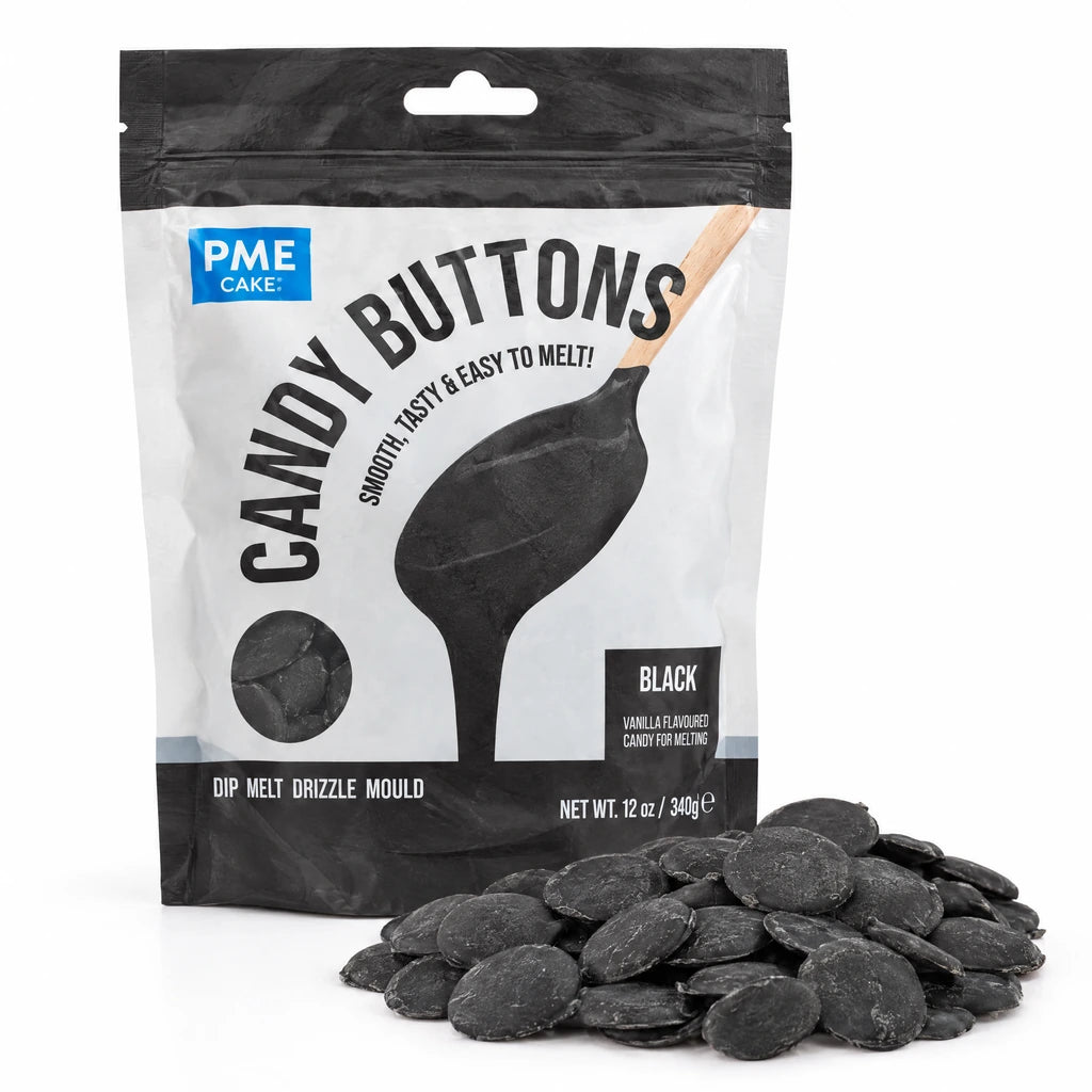 PME Candy Buttons Svart, 340g – pose med en haug smelteknapper foran