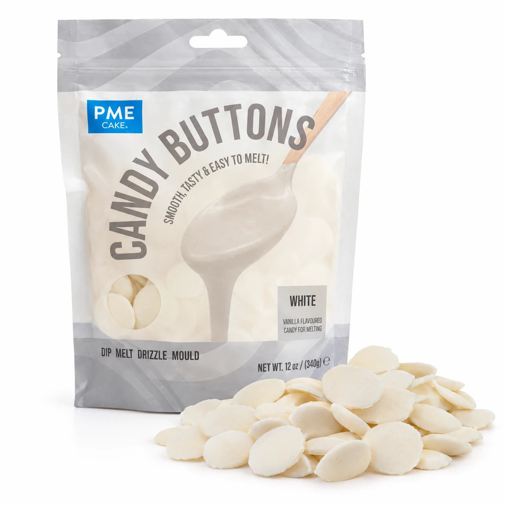 PME Candy Buttons Hvit, 340g – pose med en haug smelteknapper foran