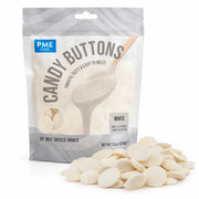 PME Candy Buttons Hvit, 340g – pose med en haug smelteknapper foran