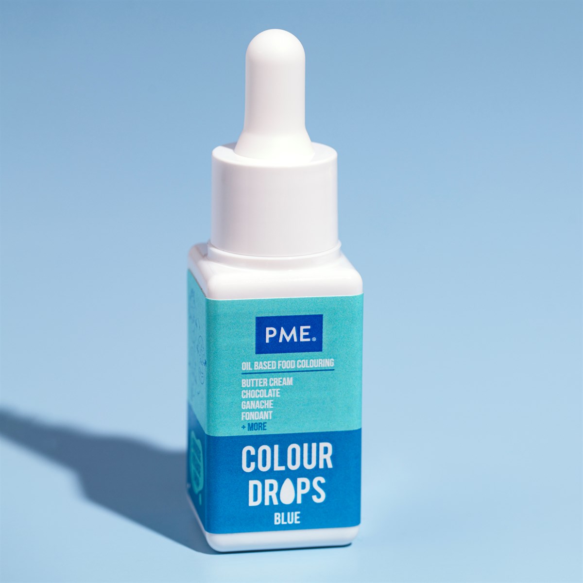 PME Colour Drops blå oljebasert matfarge 20 ml flaske med dråpeteller