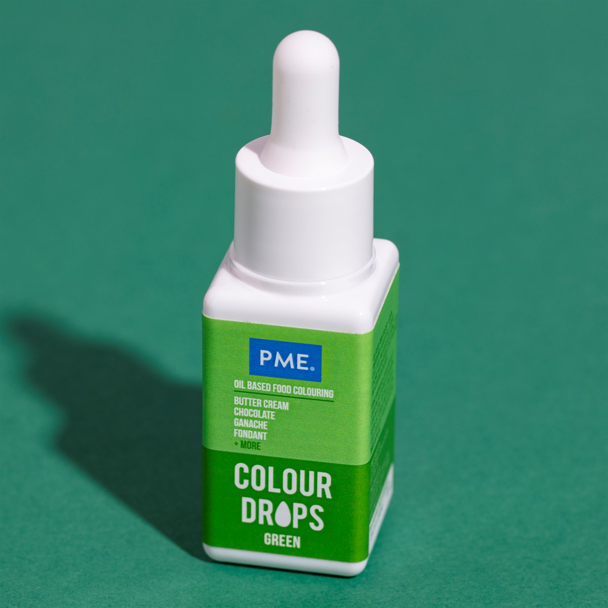 PME Colour Drops grønn oljebasert matfarge 20 ml flaske med dråpeteller