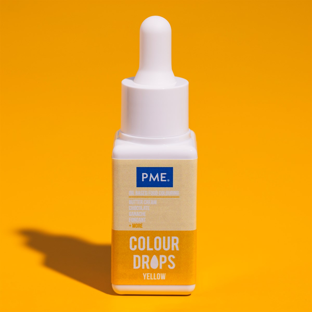PME Colour Drops gul oljebasert matfarge 20 ml flaske med presisjonsdrypper