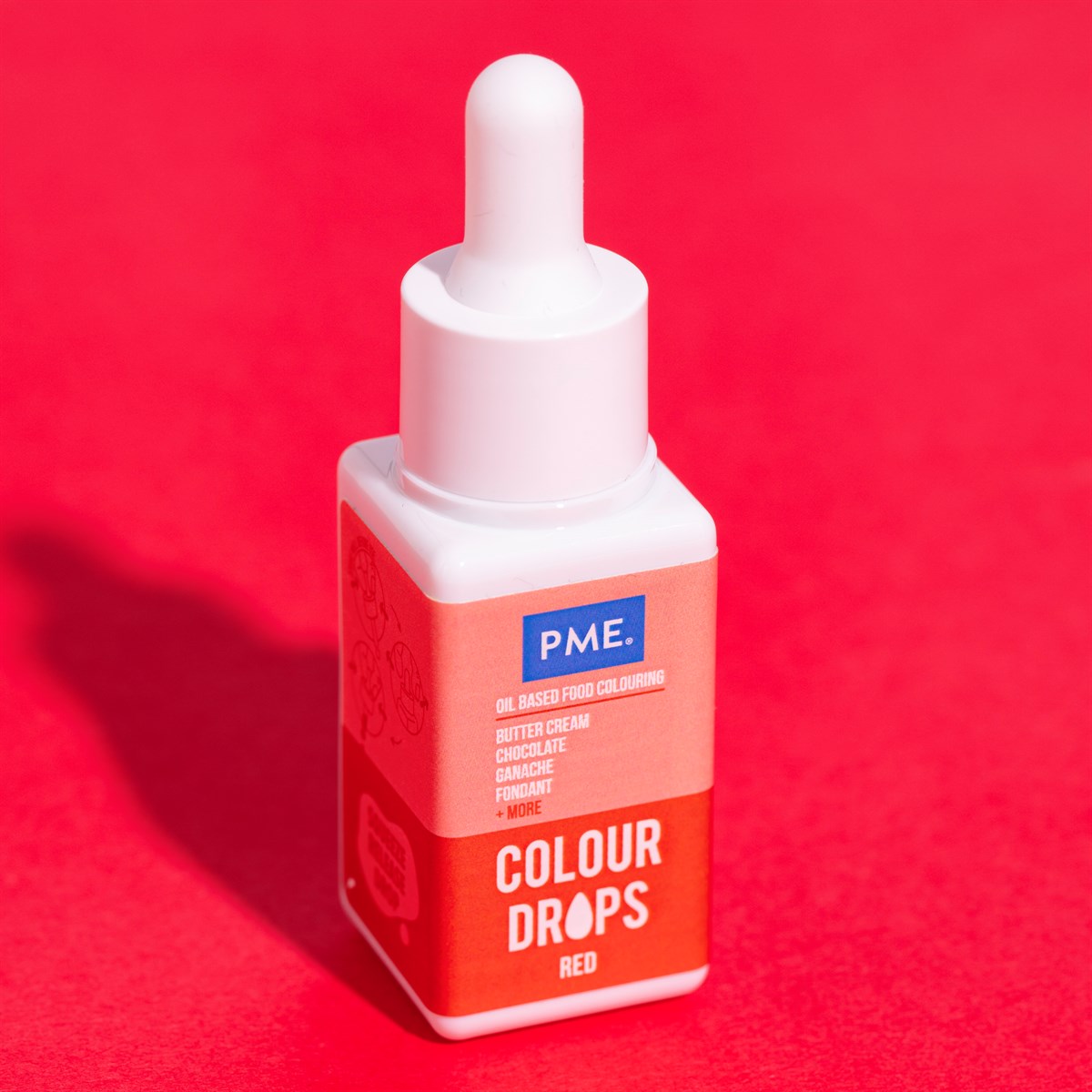 PME Colour Drops rød oljebasert matfarge 20 ml flaske med presisjonsdrypper