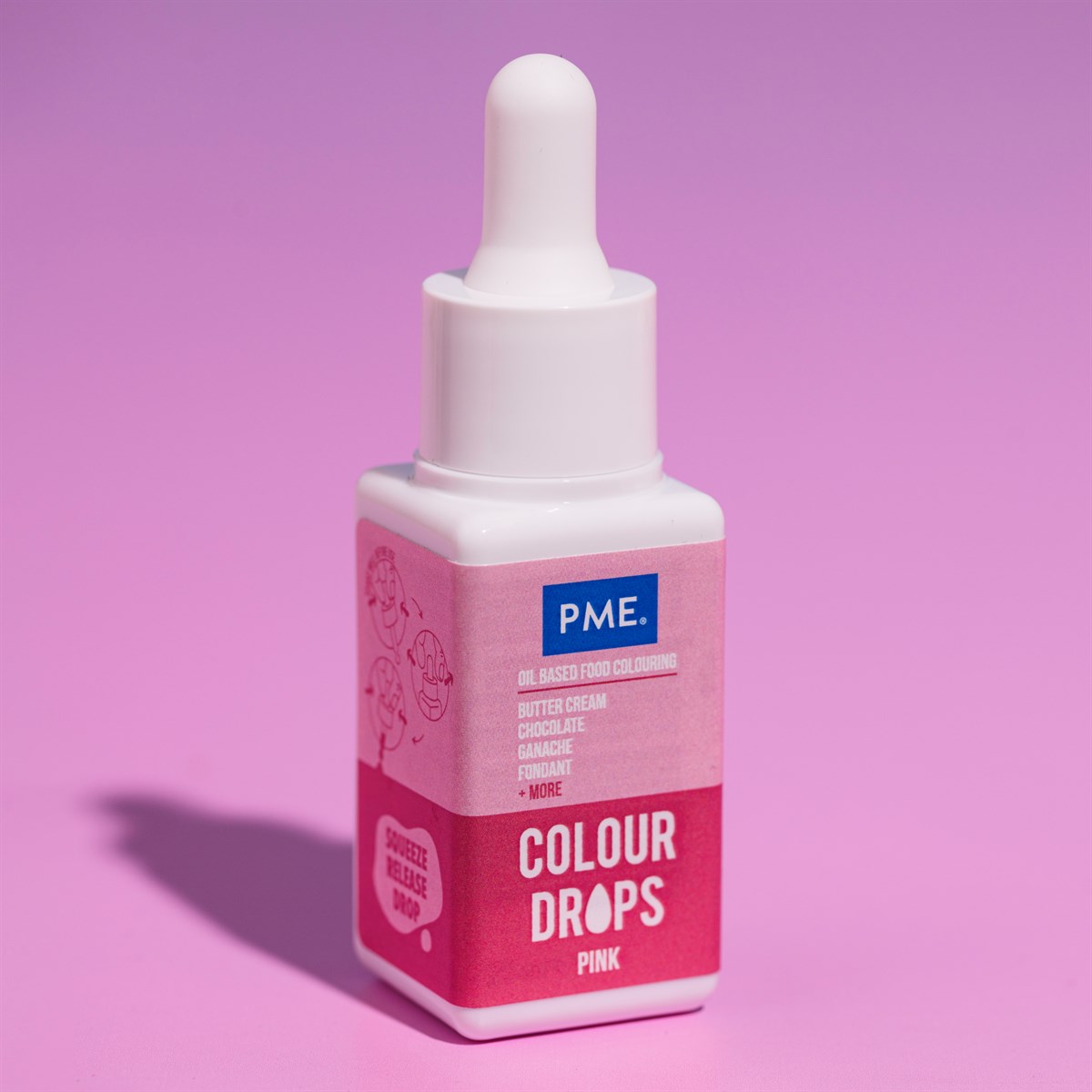 PME Colour Drops rosa oljebasert matfarge 20 ml flaske med dråpeteller