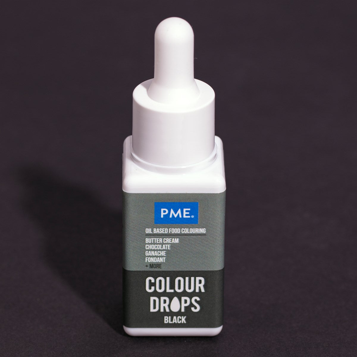 PME Colour Drops svart oljebasert matfarge 20 ml flaske med dråpeteller