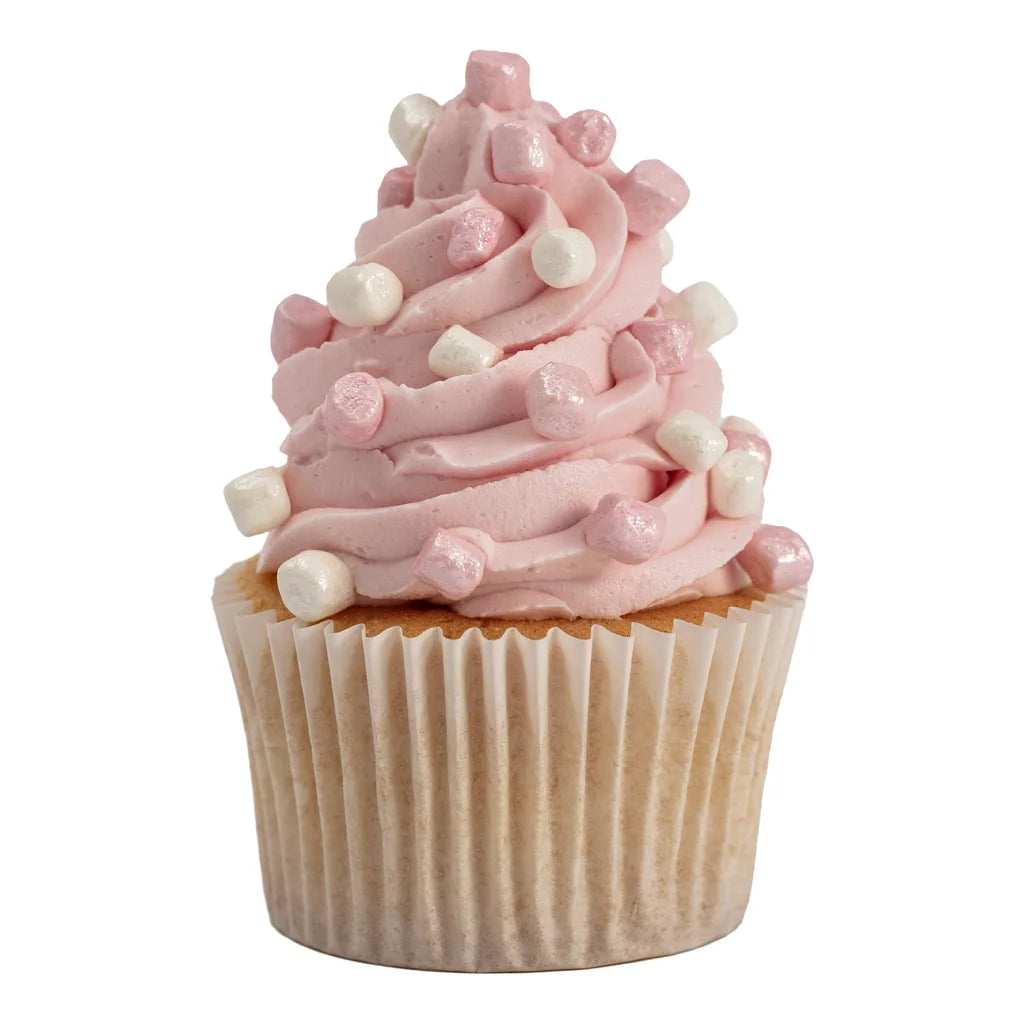 Nærbilde av pme crunch mallows kakestrø rosa og hvit, 86g