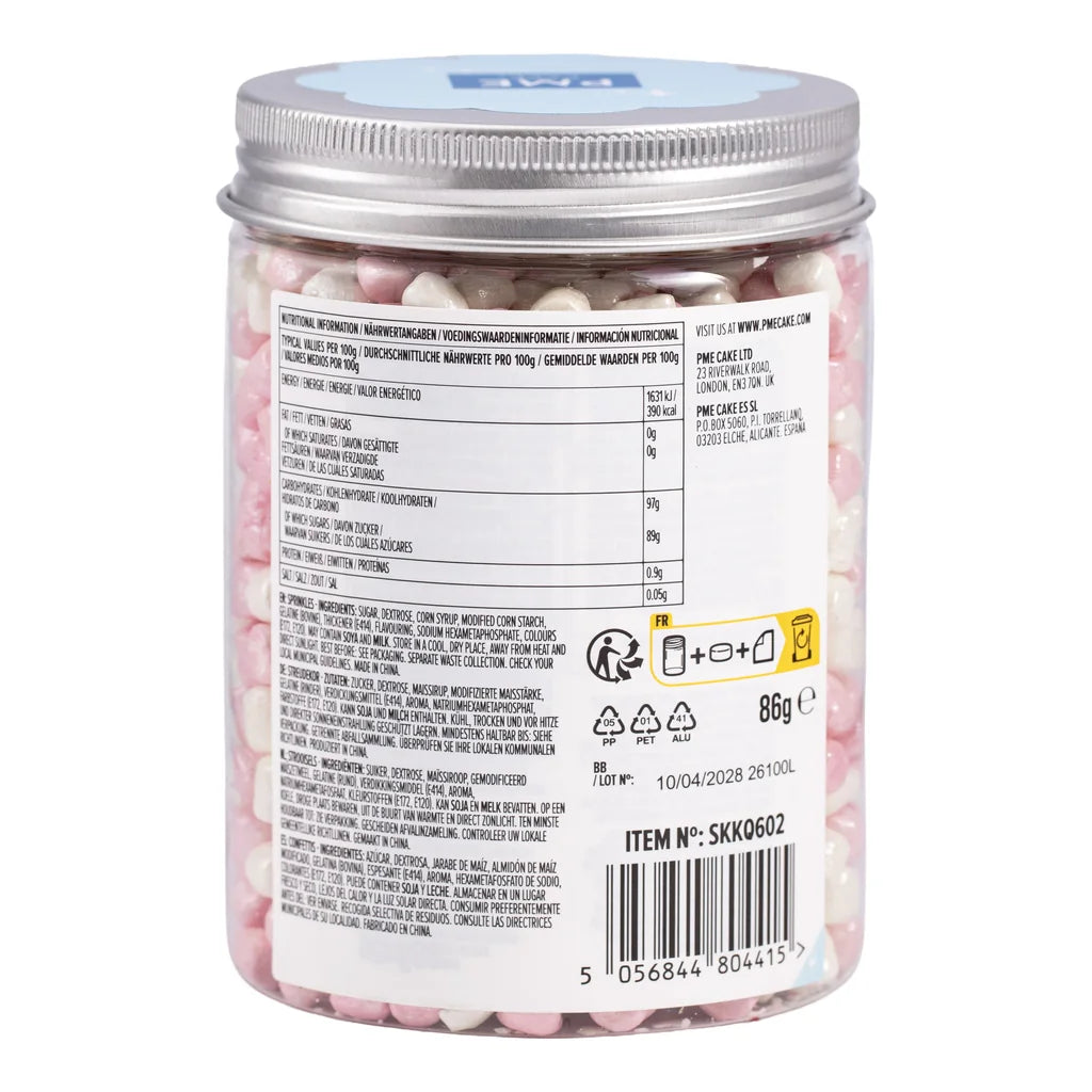 Bakside med produktinformasjon for PME Crunch Mallows kakestrø Rosa og hvit, 86g