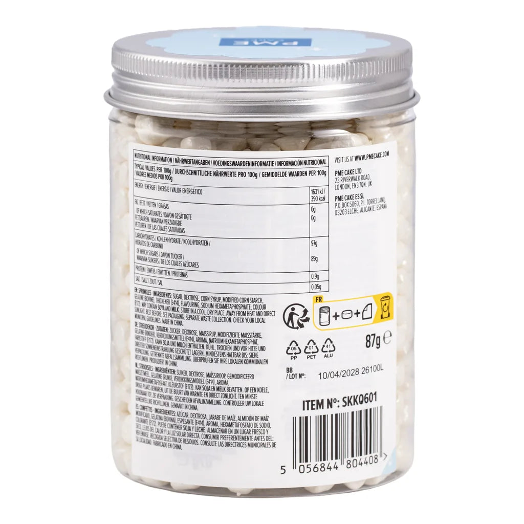 Bakside med ingredienser og næringsinnhold for PME Crunch Mallows