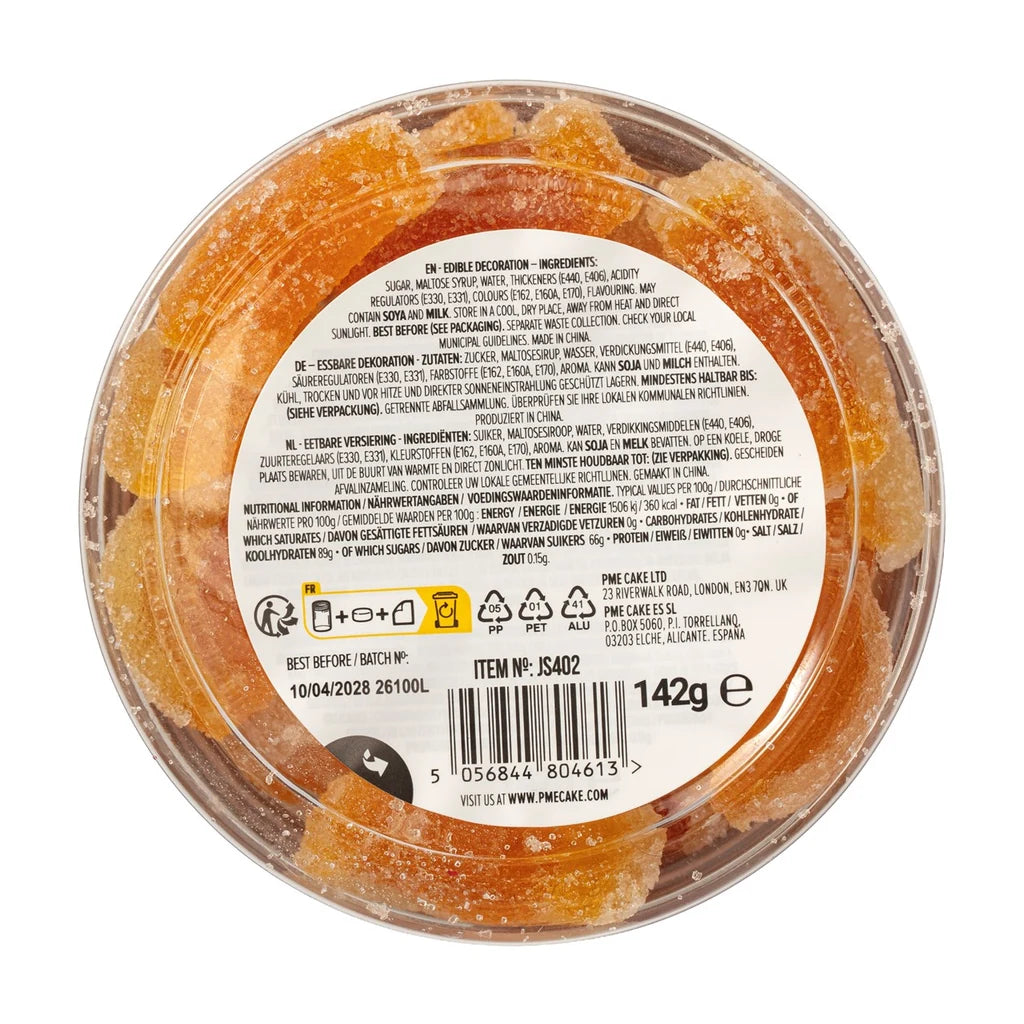 PME Gelégodteri -Appelsinskiver- 142g – etikett med ingredienser og produktinformasjon