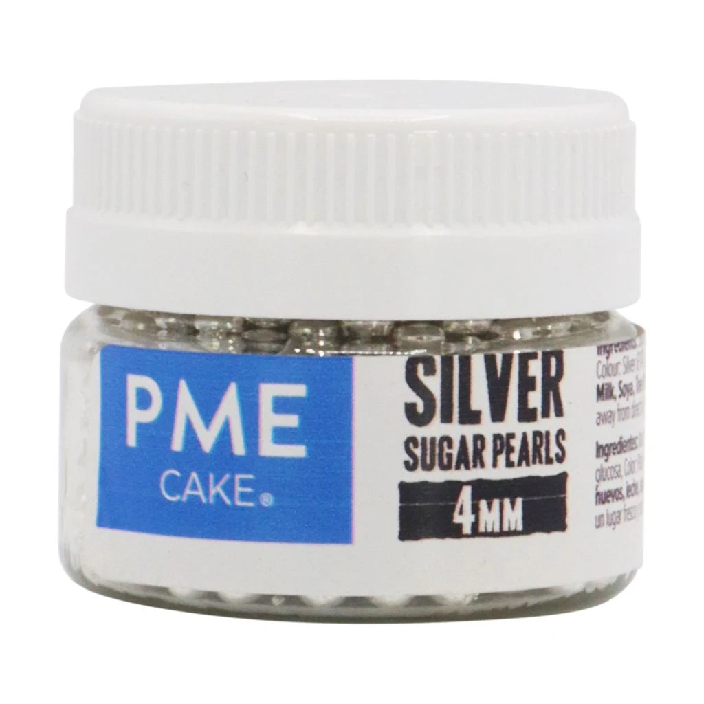 PME sølvfargede sukkerperler 4mm 25g – glass med skrulokk, sett forfra