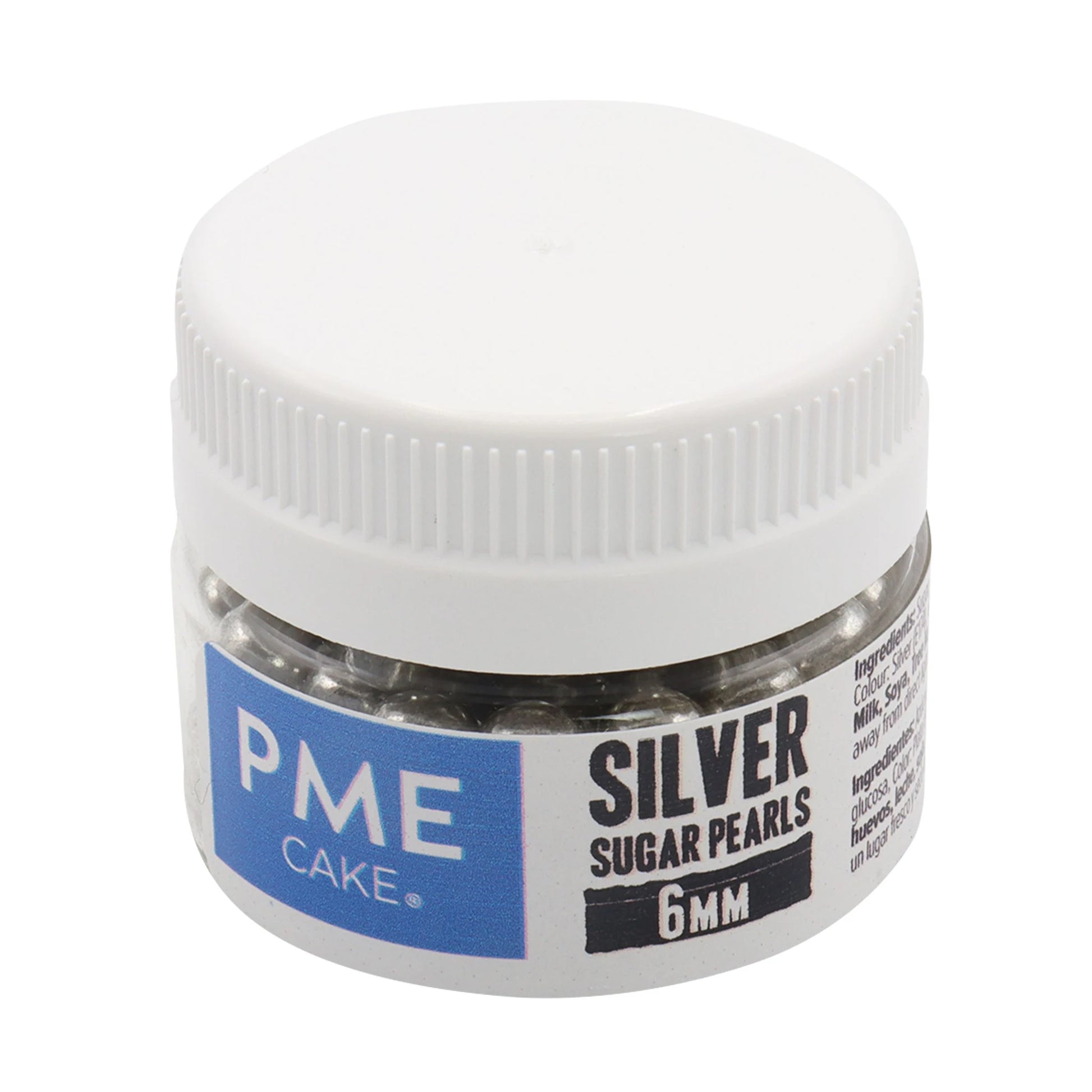 PME sølvfargede sukkerperler 6 mm 25 g – beholder sett forfra
