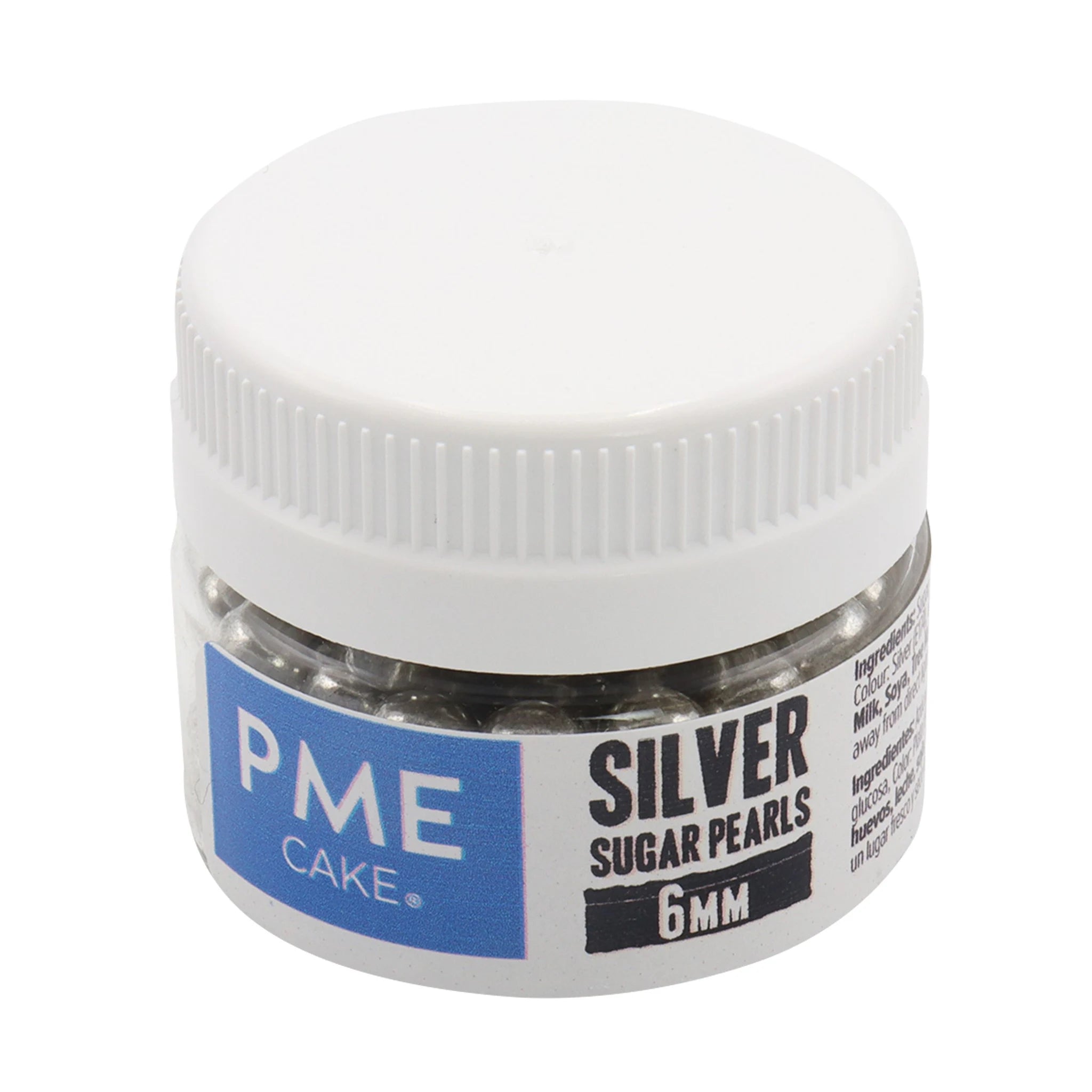 PME sølvfargede sukkerperler 6 mm 25 g – beholder sett forfra