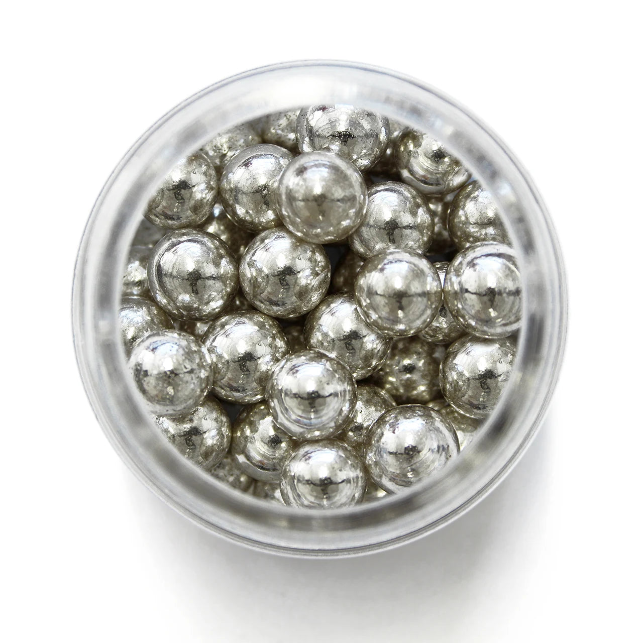 Nærbilde av PME sølvfargede sukkerperler 8mm med metallisk finish