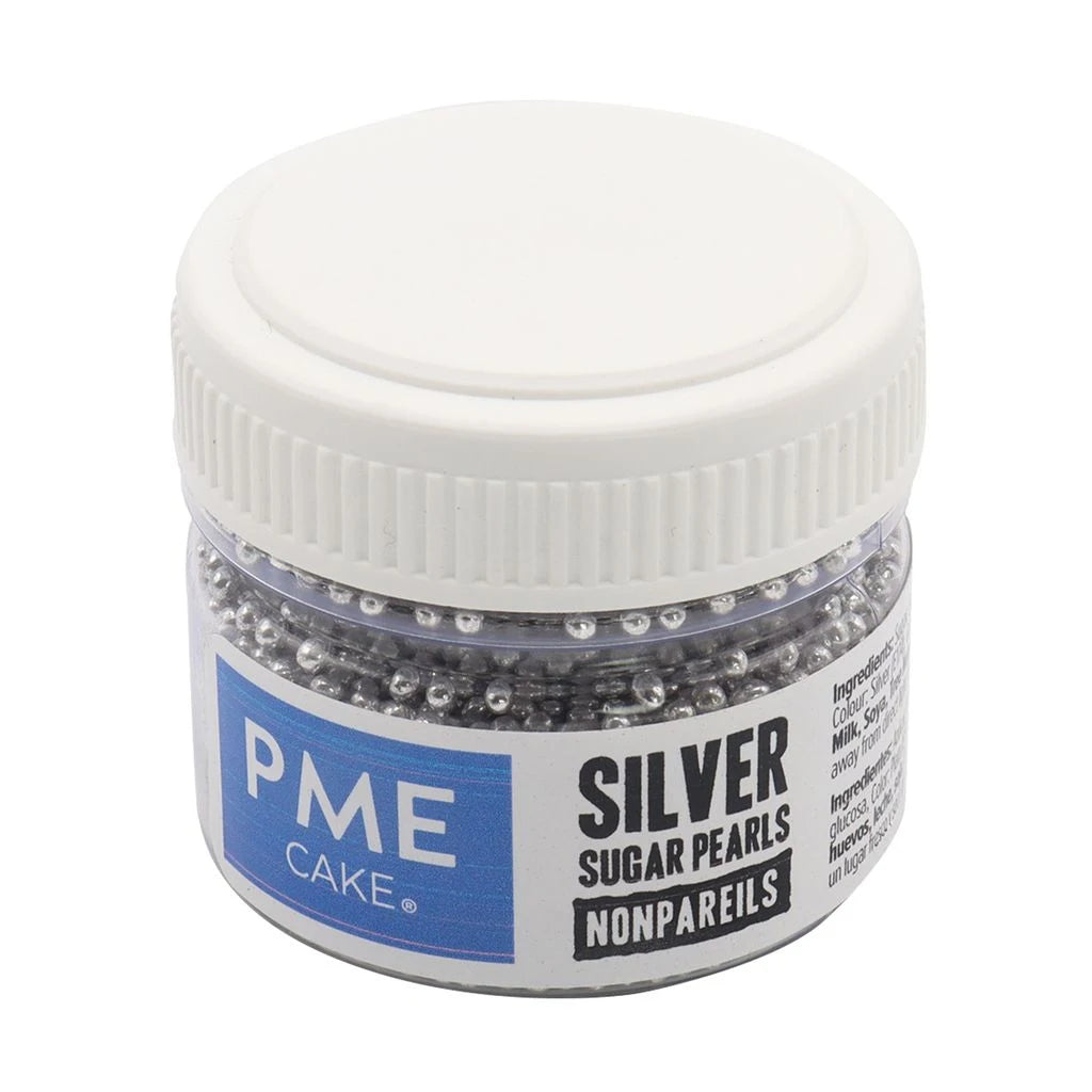 PME sølvfargede sukkerperler nonpareils 25 g – beholder sett forfra