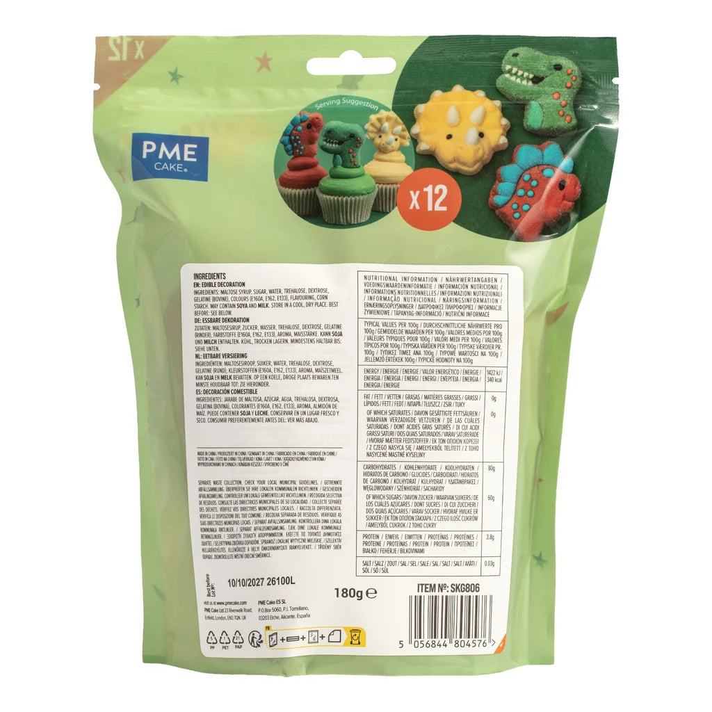 Bakside med produktinformasjon for PME Marshmallow-godteri Dinosaurer, 12 stk/180g