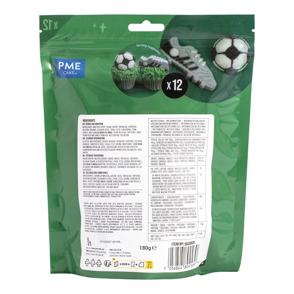 Bakside med produktinformasjon for PME Marshmallow-godteri Fotball, 12 stk/180g