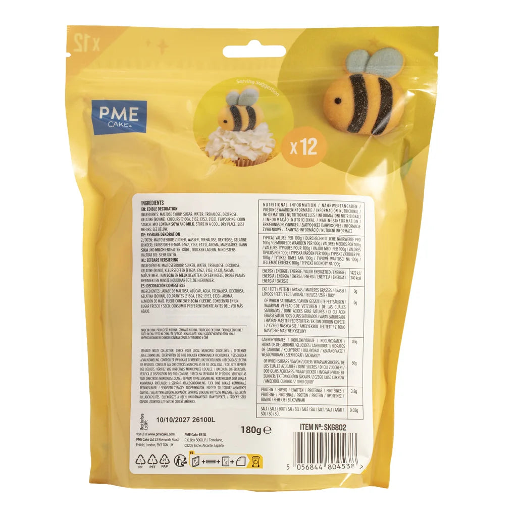 Bakside med produktinformasjon for PME Marshmallow-godteri Humler, 12 stk/180g
