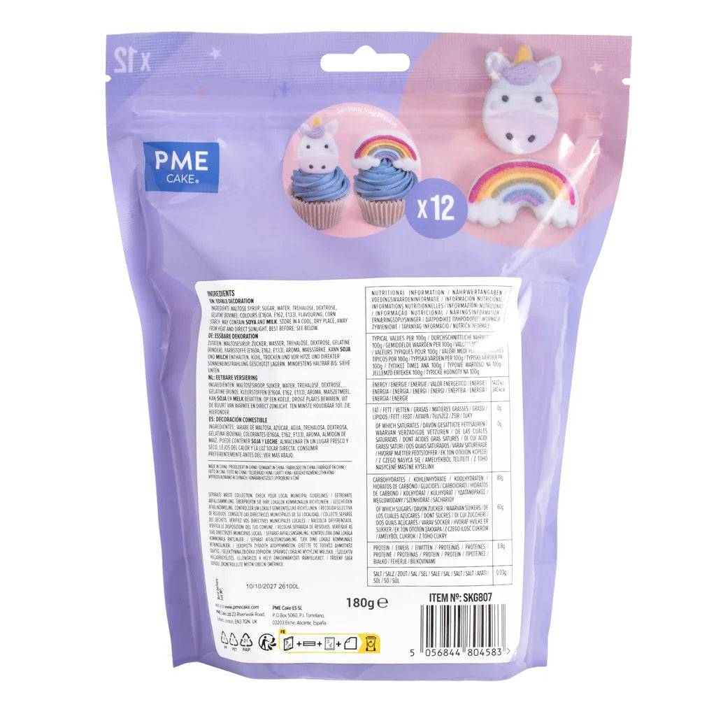 Bakside med produktinformasjon for PME Marshmallow-godteri Magisk enhjørning, 12 stk/180g