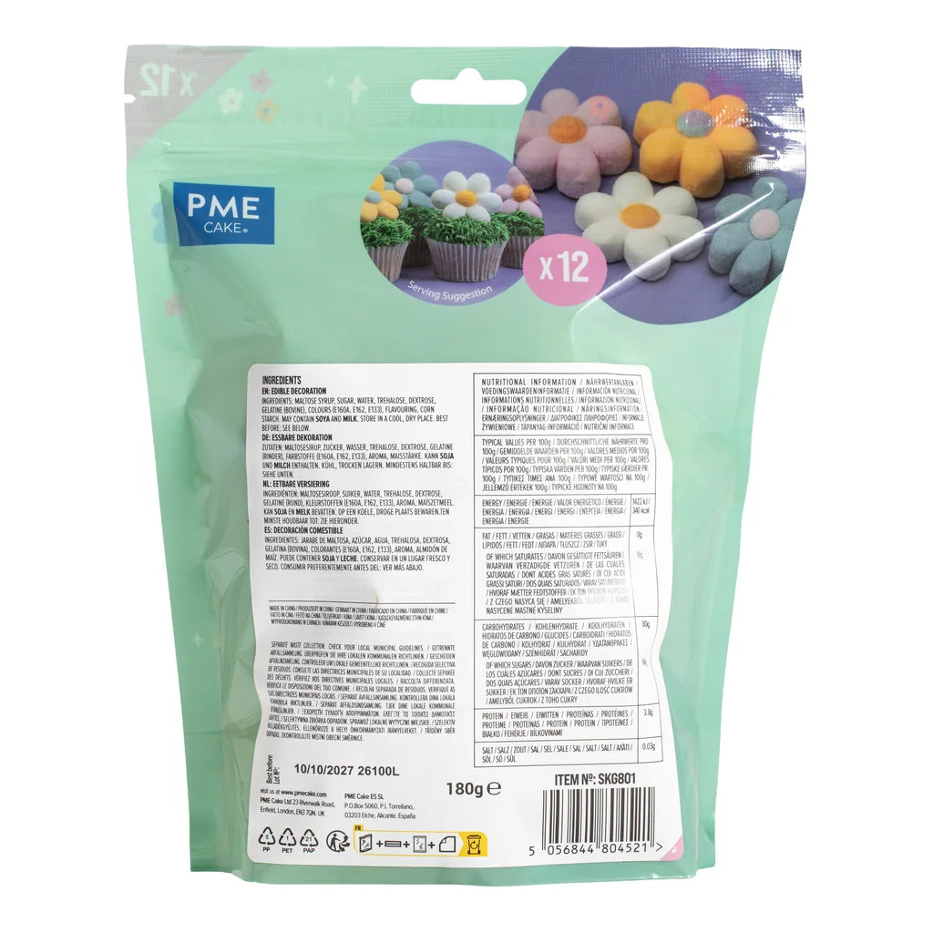 Bakside med produktinformasjon for PME Marshmallow-godteri Pastellblomster, 12 stk/180g