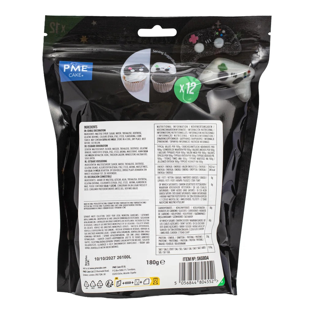 Bakside med produktinformasjon for PME Marshmallow-godteri Spillkontrollere, 12 stk/180g