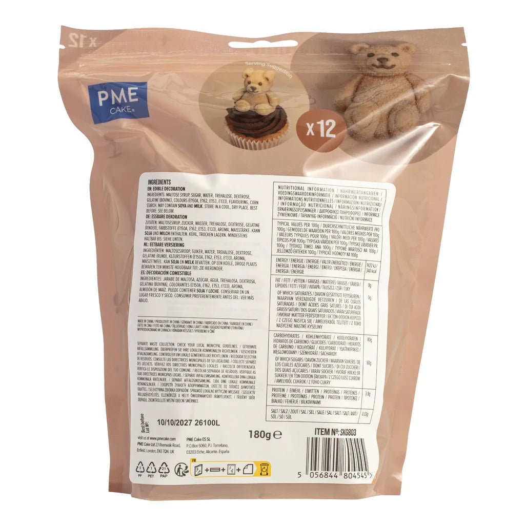 Bakside med produktinformasjon for PME Marshmallow-godteri Teddybjørner, 12 stk/180g