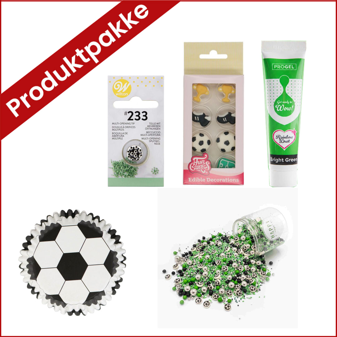 Produktpakke til fotballcupcakes med PME muffinsformer, grønn ProGel-pastafarge, Wilton-tipp #233, FunCakes fotballdekorasjoner og Happy Sprinkles fotballstrøssel