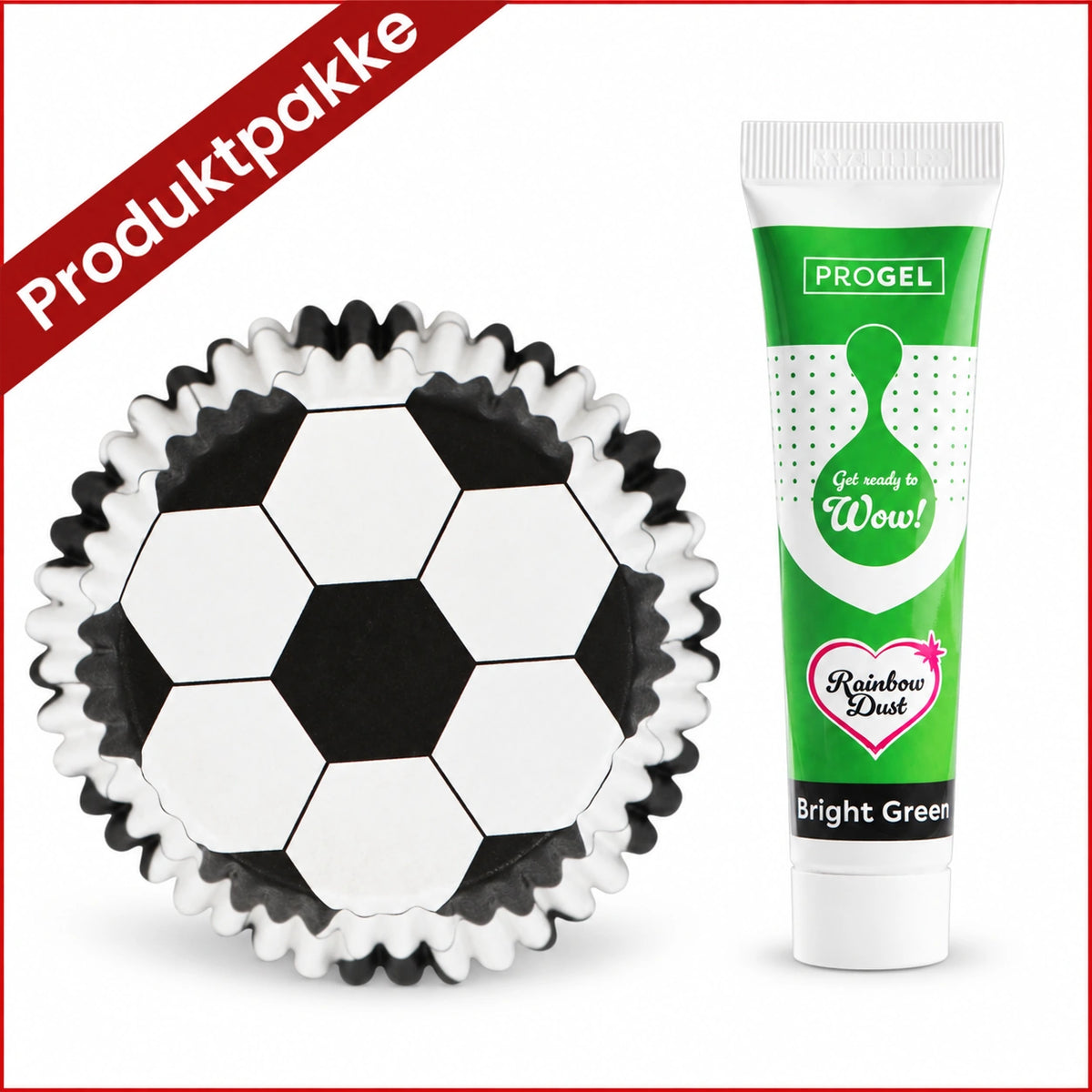 Produktpakke til fotballcupcakes med PME fotballmuffinsformer, 30 stk., og grønn ProGel-pastafarge