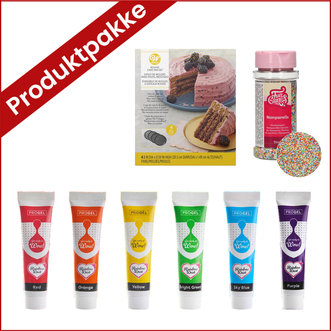 Produktpakke til regnbuekake 20 cm med Wilton formsett, FunCakes Discomix-strøssel i boks med detaljutsnitt og seks ProGel-pastafarger