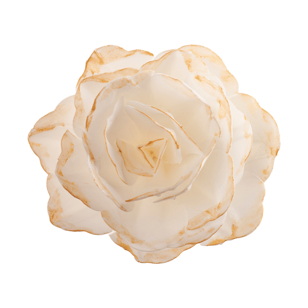 Spiselig rose i hvitt og gull rispapir, 12 cm - elegant kakedekorasjon fra Dekora
