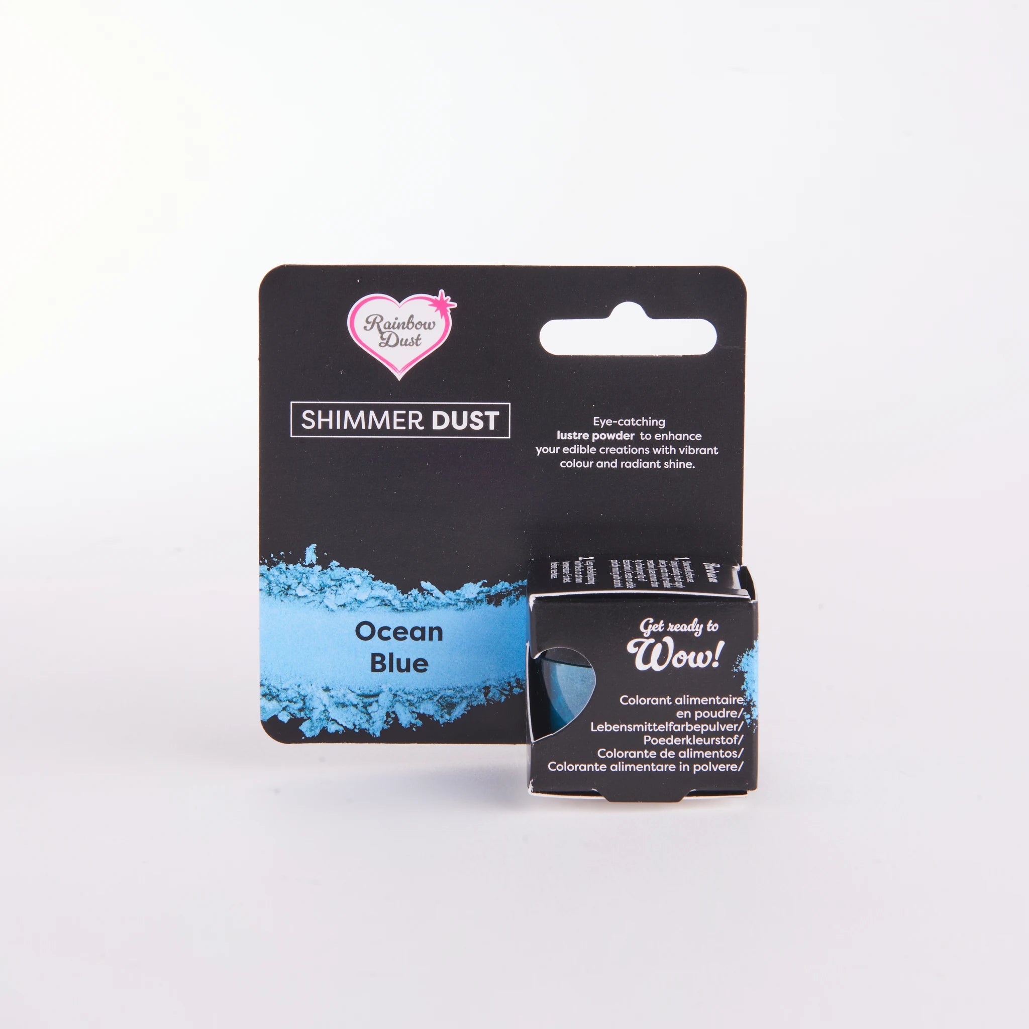 Rainbow Dust Shimmer Dust Ocean Blue lustrepulver 3 g – forside av emballasje med turkis shimmer