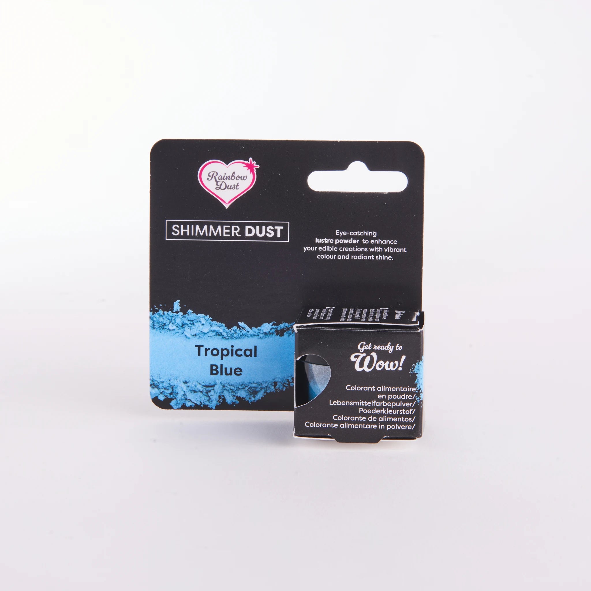 Rainbow Dust Shimmer Dust Tropical Blue 3 g – liten klar beholder med svart lokk på svart hengekort