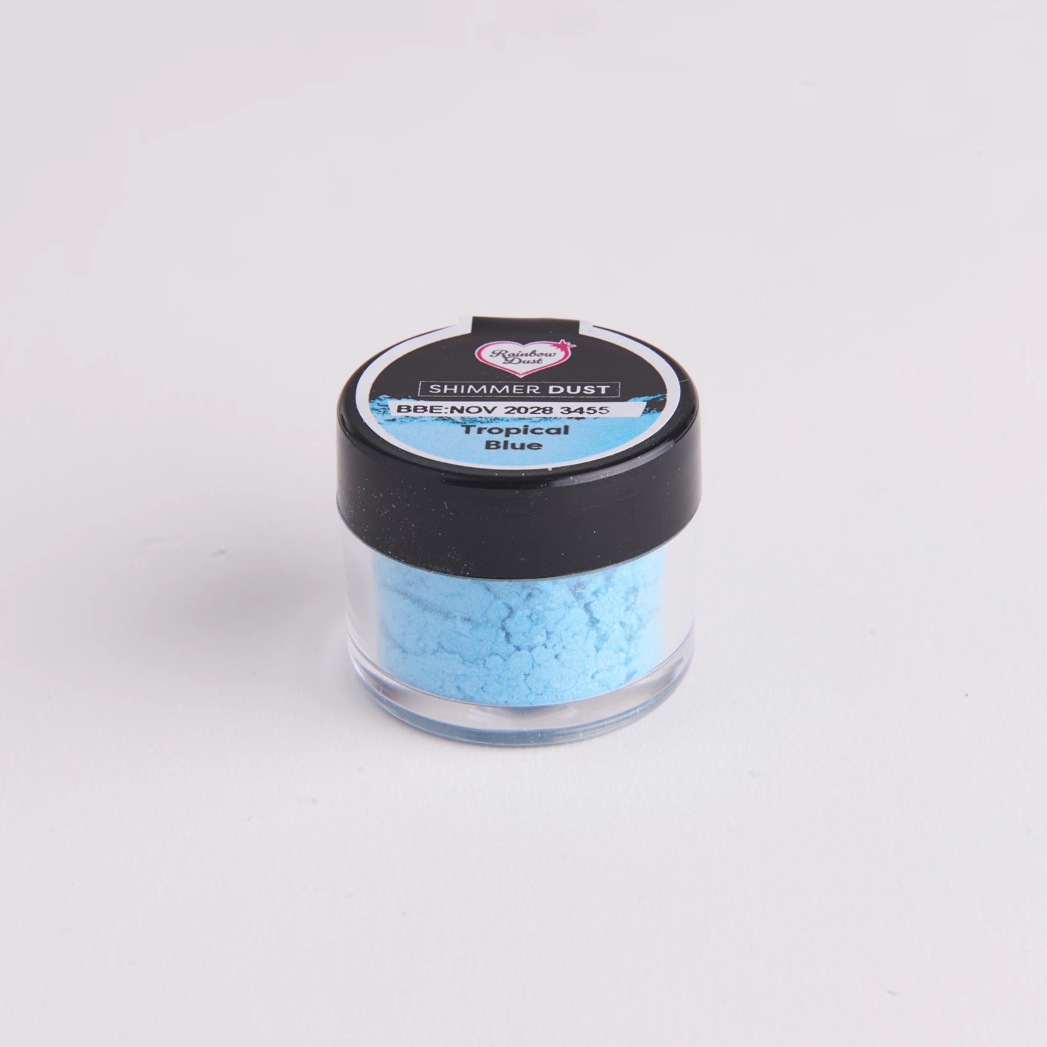 Rainbow Dust lustrepulver Tropical Blue – beholder sett bakfra med produktinformasjon på flere språk