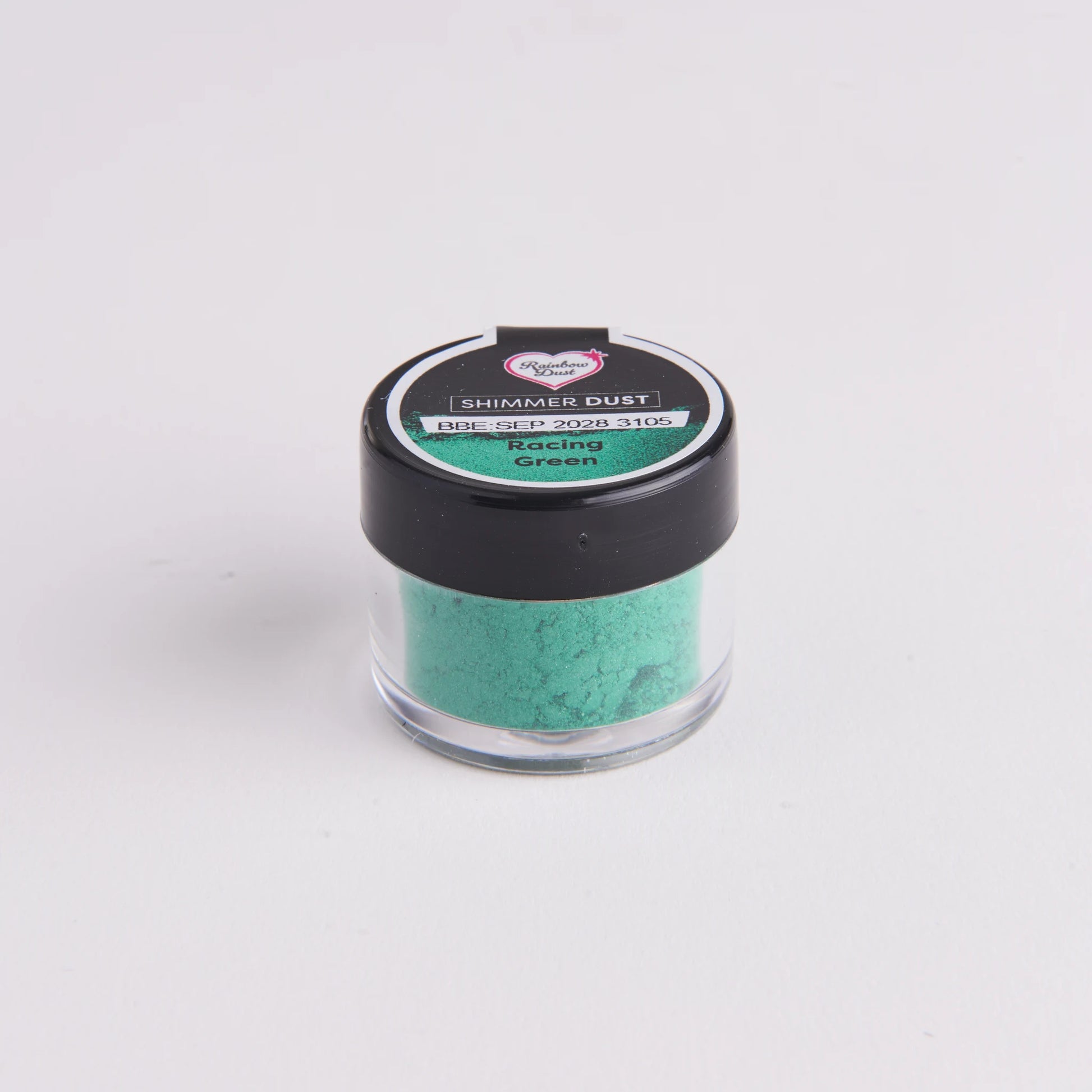 Rainbow Dust Shimmer Dust Racing Green – liten rund plastkrukke med svart lokk sett bakfra