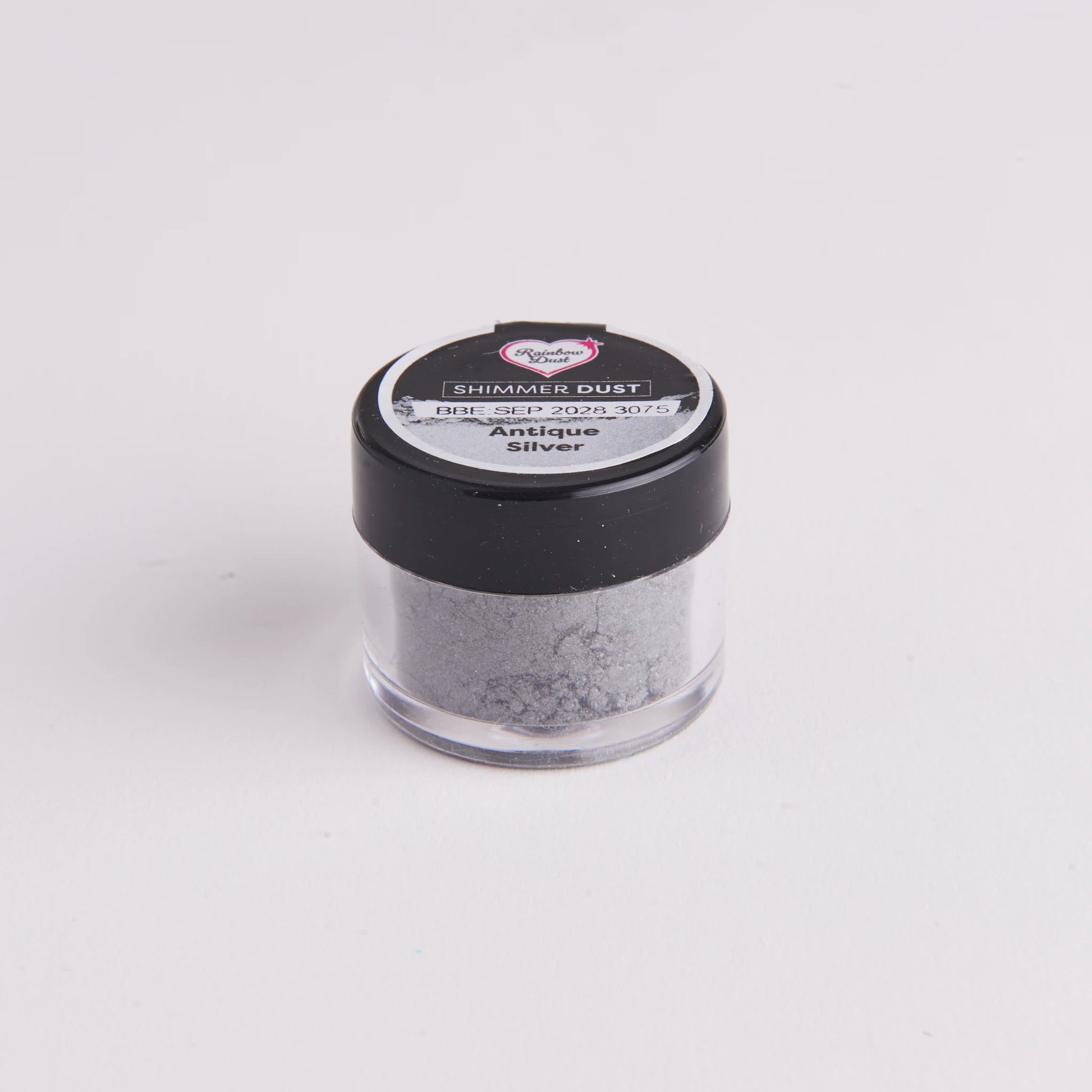Rainbow Dust Shimmer Dust antikk sølv – klar plastbeholder med svart lokk og hengekortkort