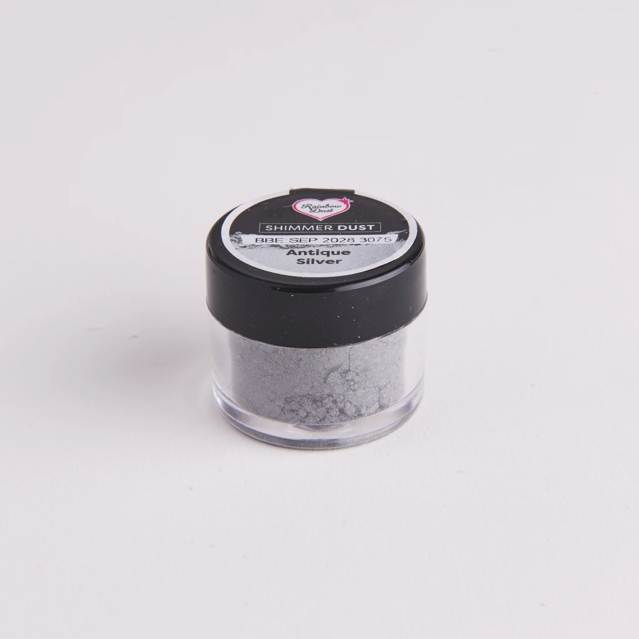 Rainbow Dust Shimmer Dust antikk sølv – klar plastbeholder med svart lokk og hengekortkort