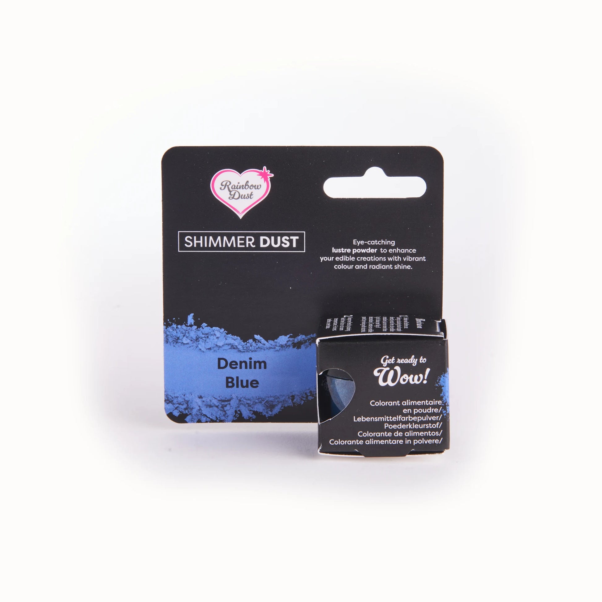 Rainbow Dust Shimmer Dust lustrepulver denimblå 2 g – frontside av beholder med lokk