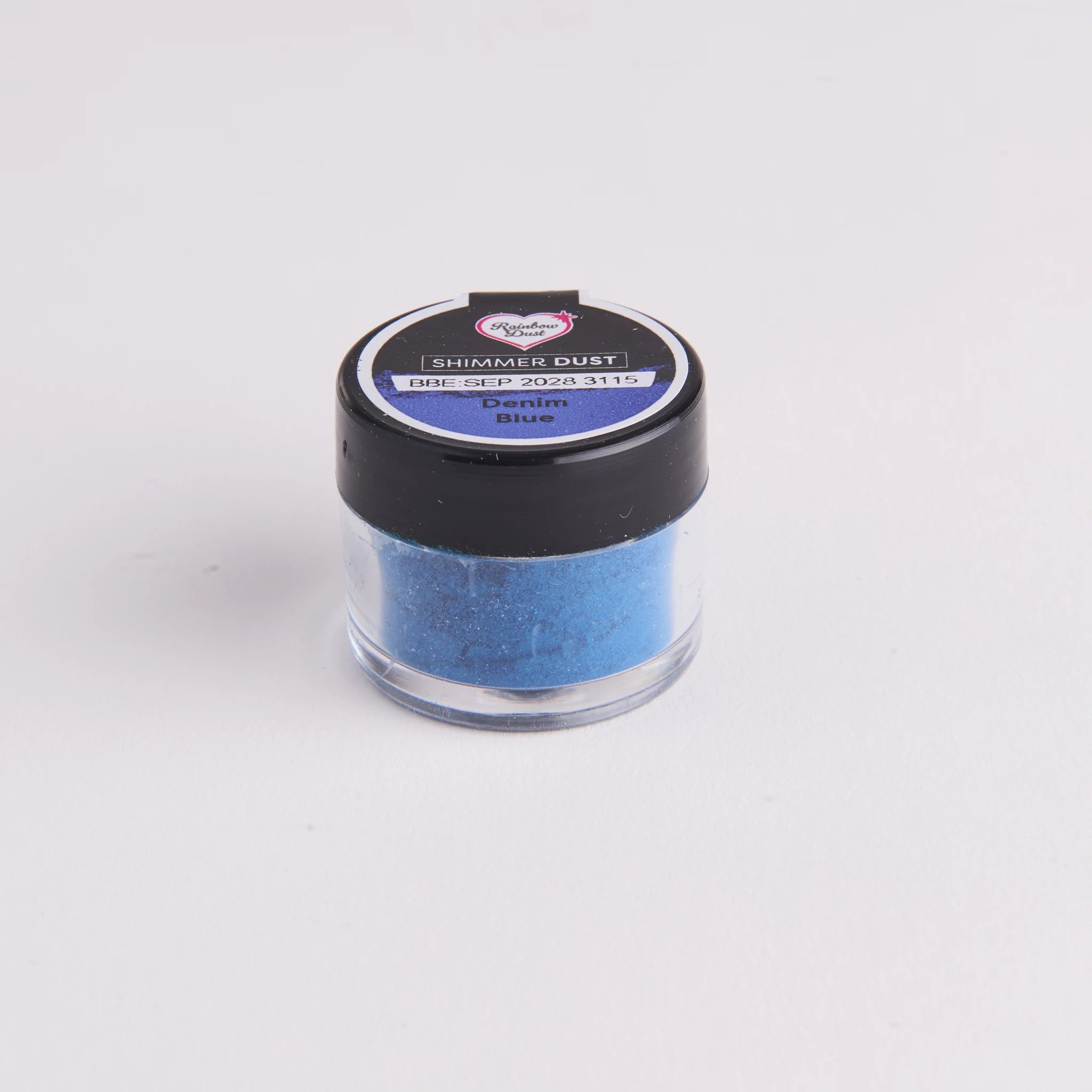 Rainbow Dust Shimmer Dust denimblå – beholder sett bakfra med etikettinformasjon
