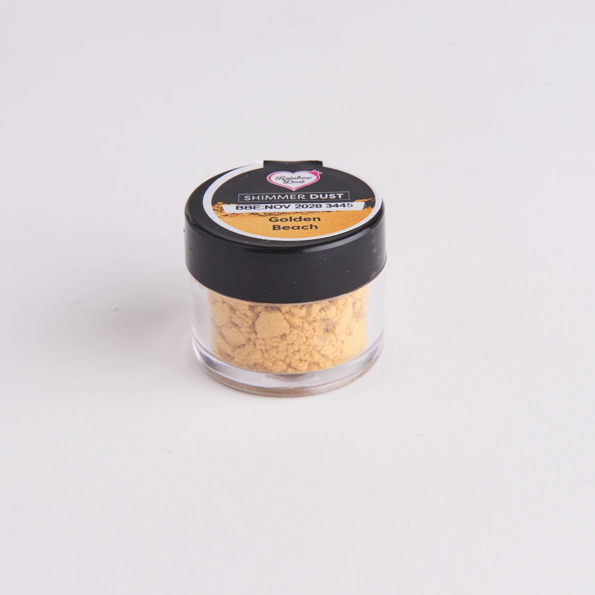 Rainbow Dust Shimmer Dust lustrepulver Golden Beach 3 g – klar krukke med sandgyllen metallic-farge