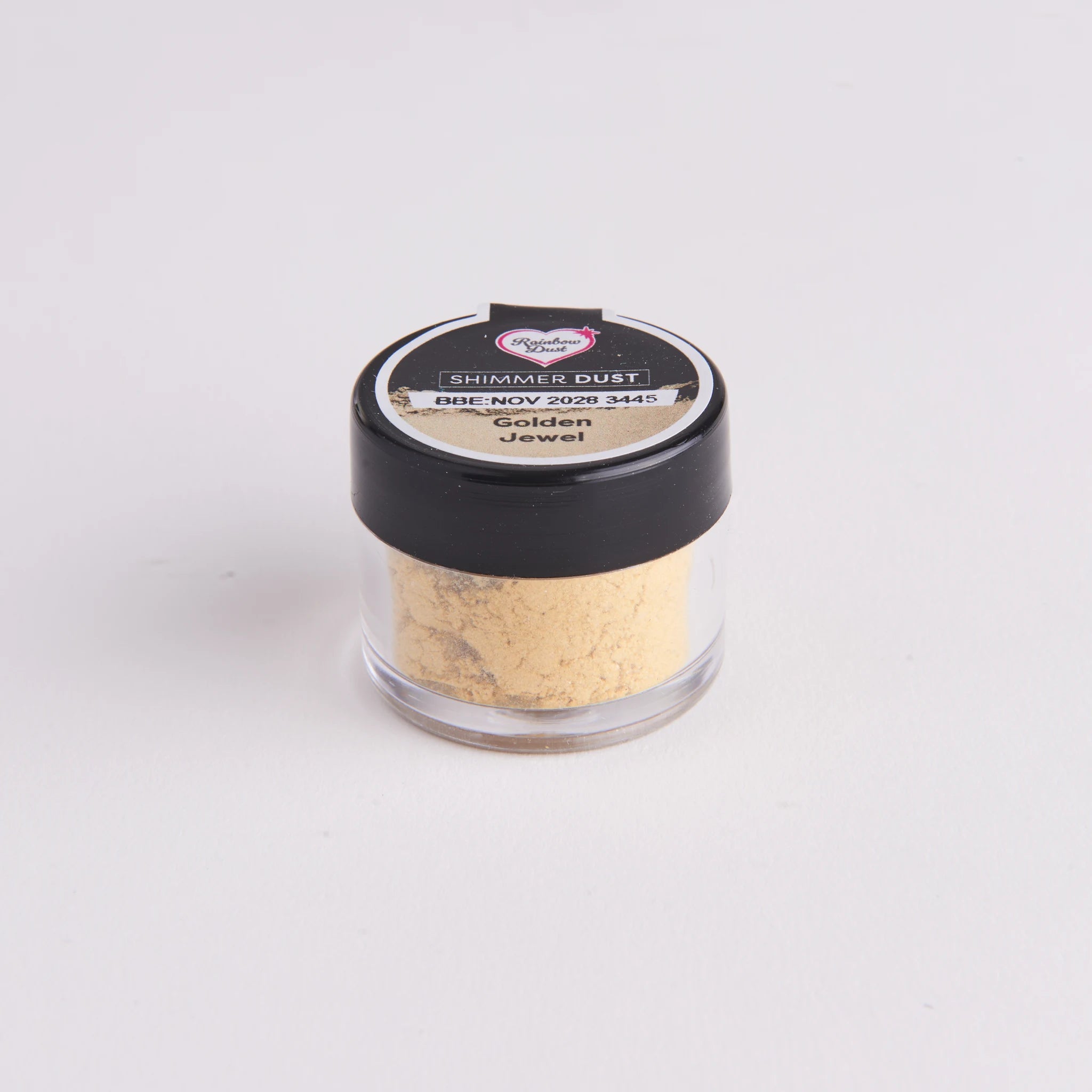 Rainbow Dust Shimmer Dust Golden Jewel – liten klar plastboks med gyllent lustrepulver