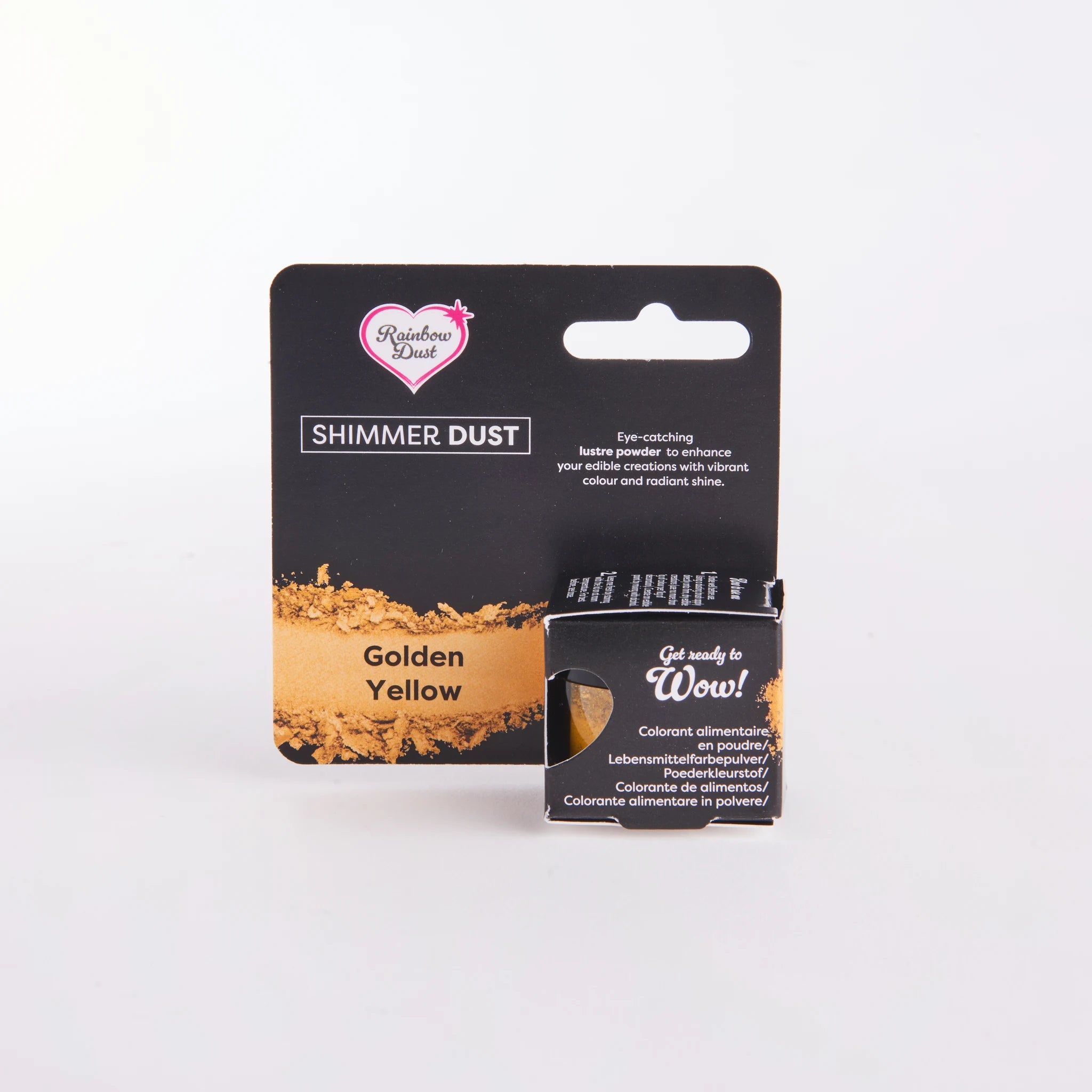 Rainbow Dust Shimmer Dust Golden Yellow 2 g – liten rund krukke med svart lokk og gyllent lustrepulver