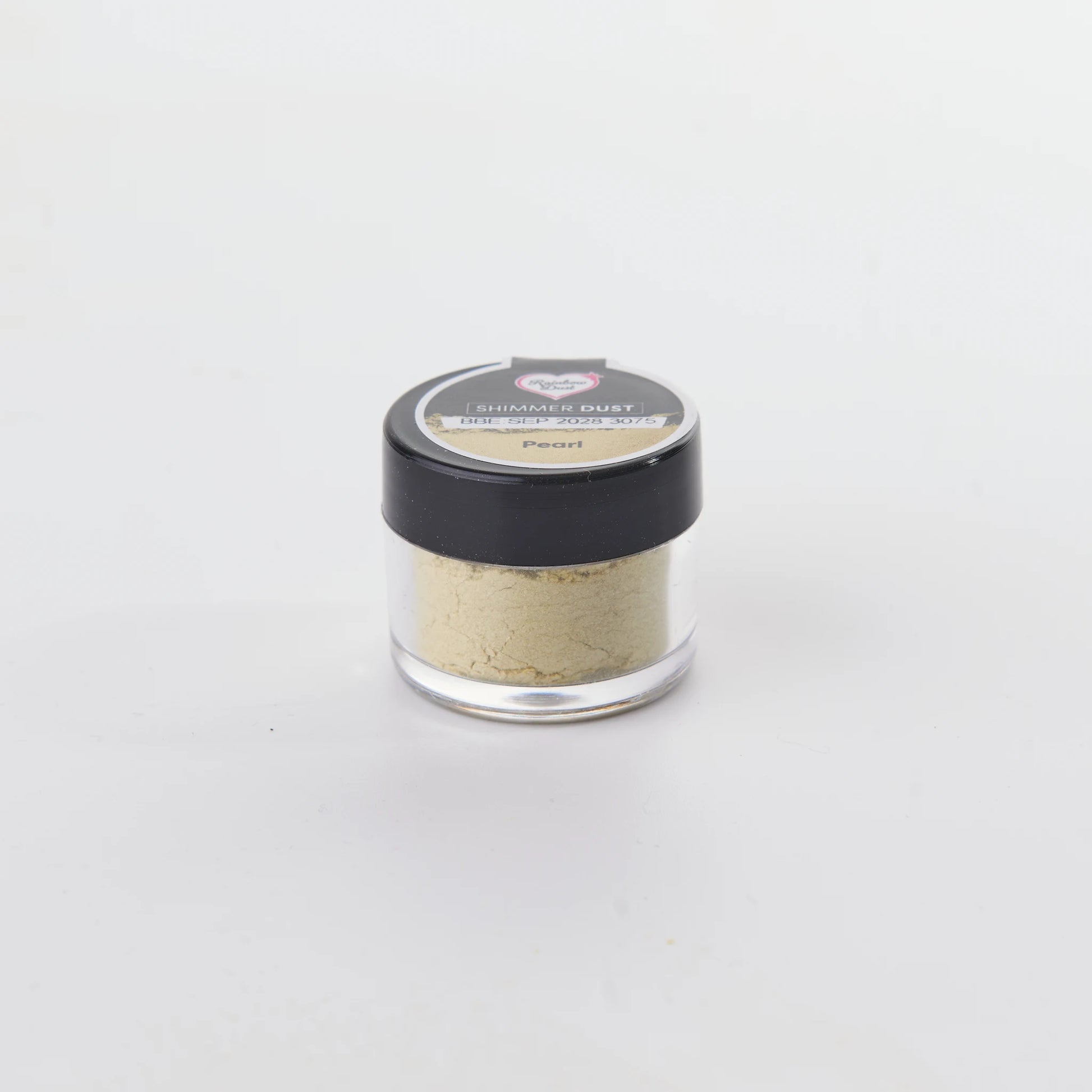 Rainbow Dust Shimmer Dust Pearl – gjennomsiktig krukke med svart lokk og perlegull skimmer
