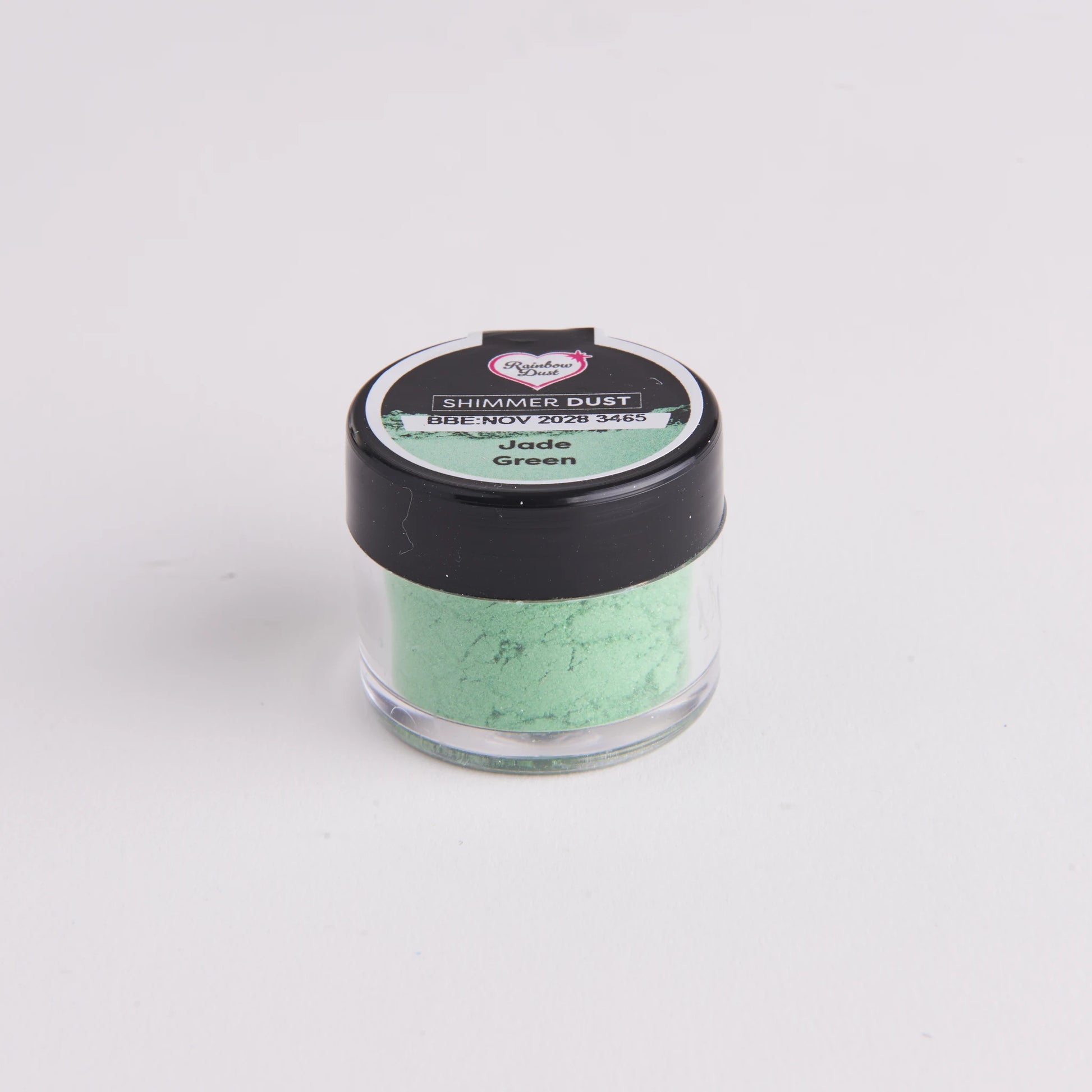 Rainbow Dust Shimmer Dust jadegrønt pulver i klar plastkrukke med svart lokk